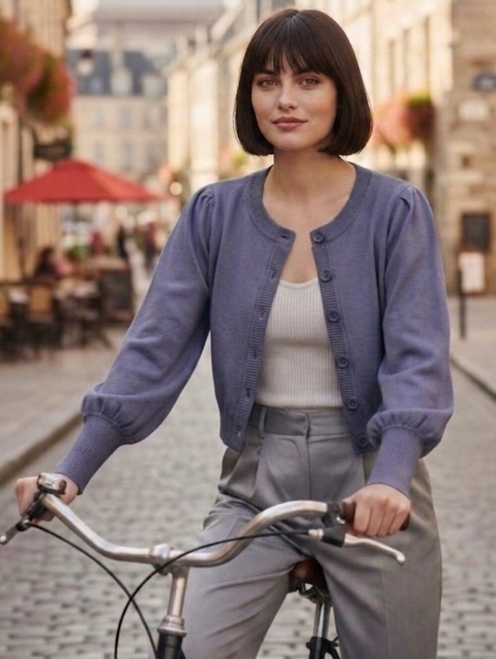 Puff Sleeve Purple Button-Up Cardigan